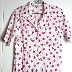 VTG White Pink Poppy Polka Dot Campshirt Women's M Classic Elements Button Down